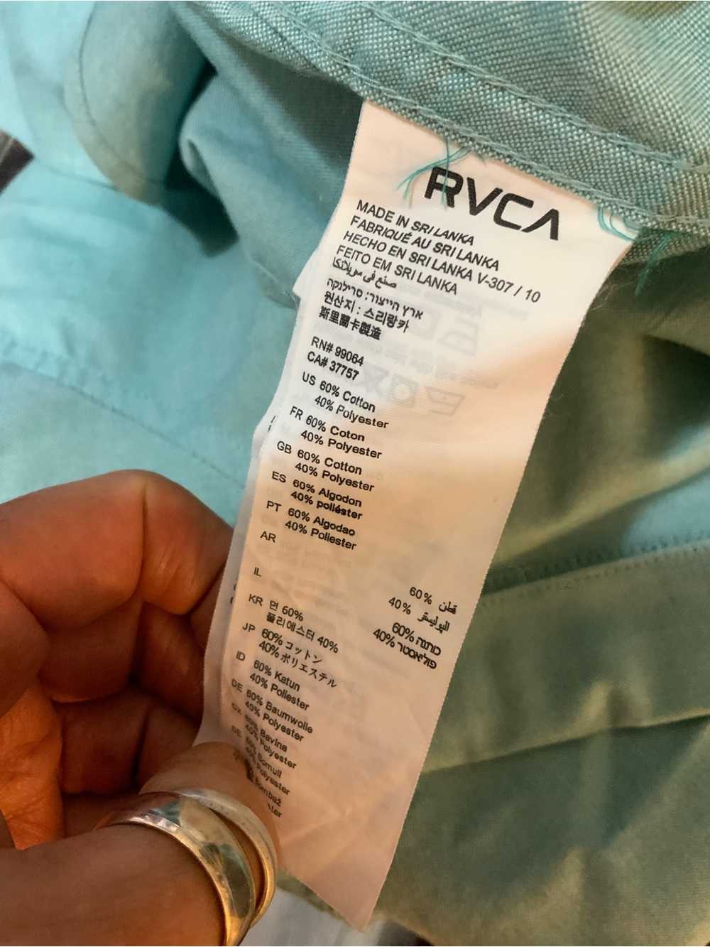 RVCA Men’s Button-Down Shirt in Mint Green - Picture 5 of 5